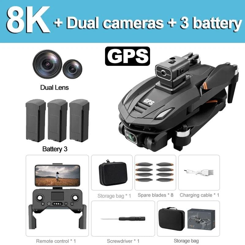New V168 PRO Drones GPS Profesional 8K with HD Camera FPV 5G Wifi Brushless Motor Foldable RC Quadcopter Obstacle Avoidance Drone Toy Gift 8K GPS 1 battery black