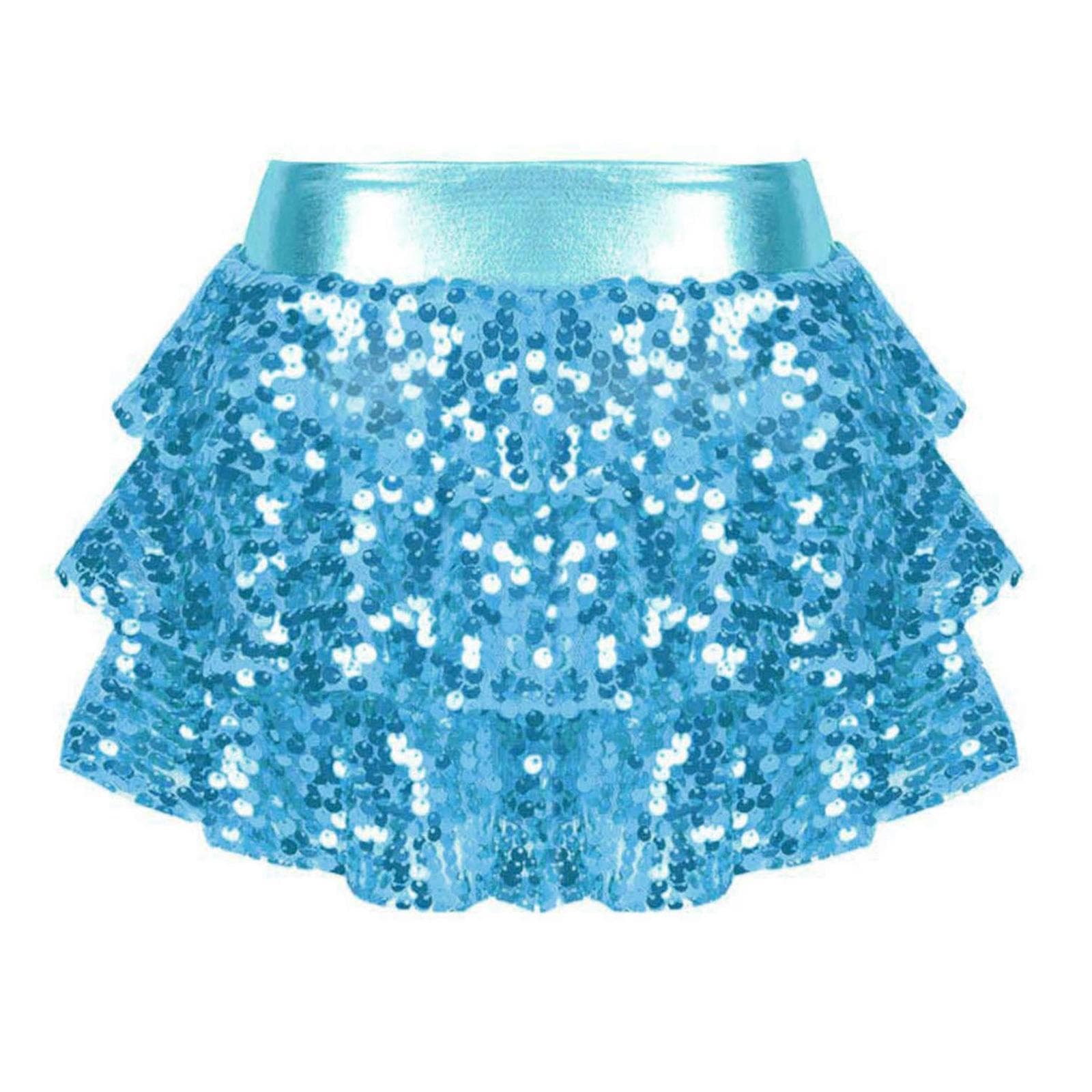 Kids Girls Sequin Metallic Skirted Shorts Jazz Latin Dance Outfits Performance Costume Dancewear 5-6 Years light blue