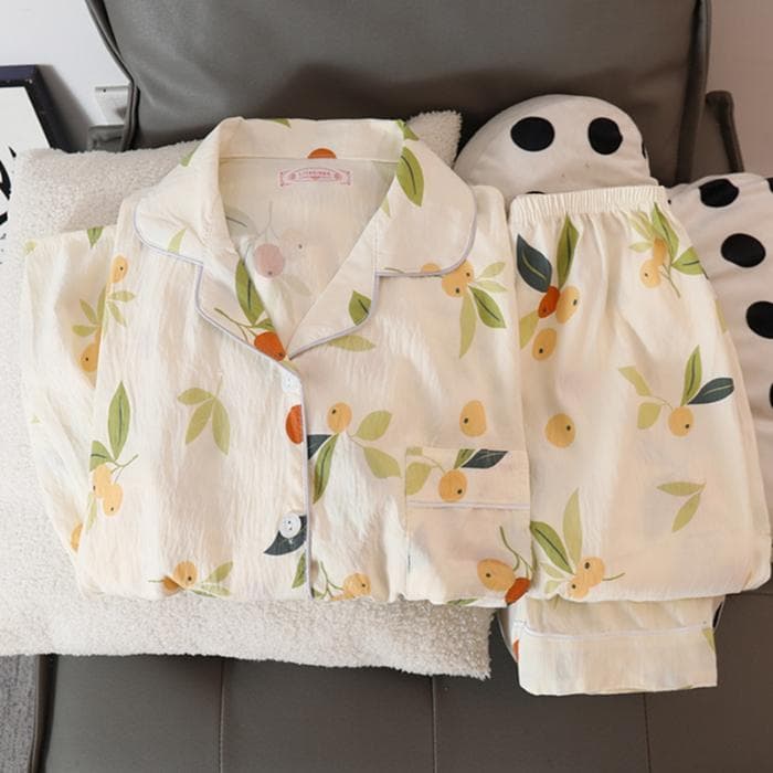 Literary, Beautiful and Sweet Cartoon Loquat Fruit Women's Pajamas, French Chic Pajamas, New Autumn and Winter Pajamas M