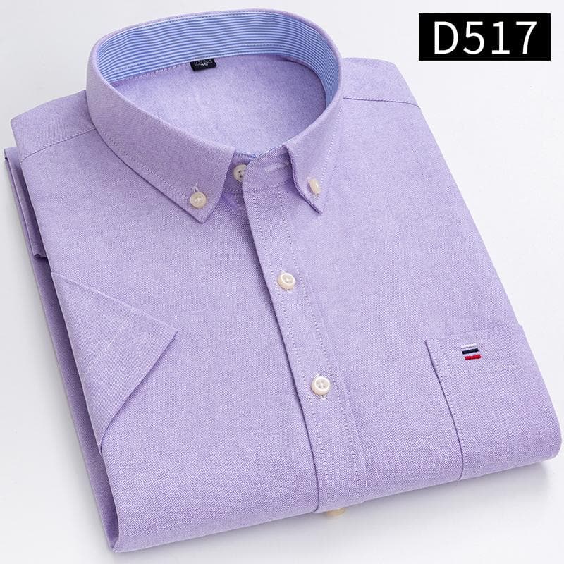 Men's Classic Solid Color Striped Short-sleeved Oxford Front Pocket Cotton Shirt 44 purple