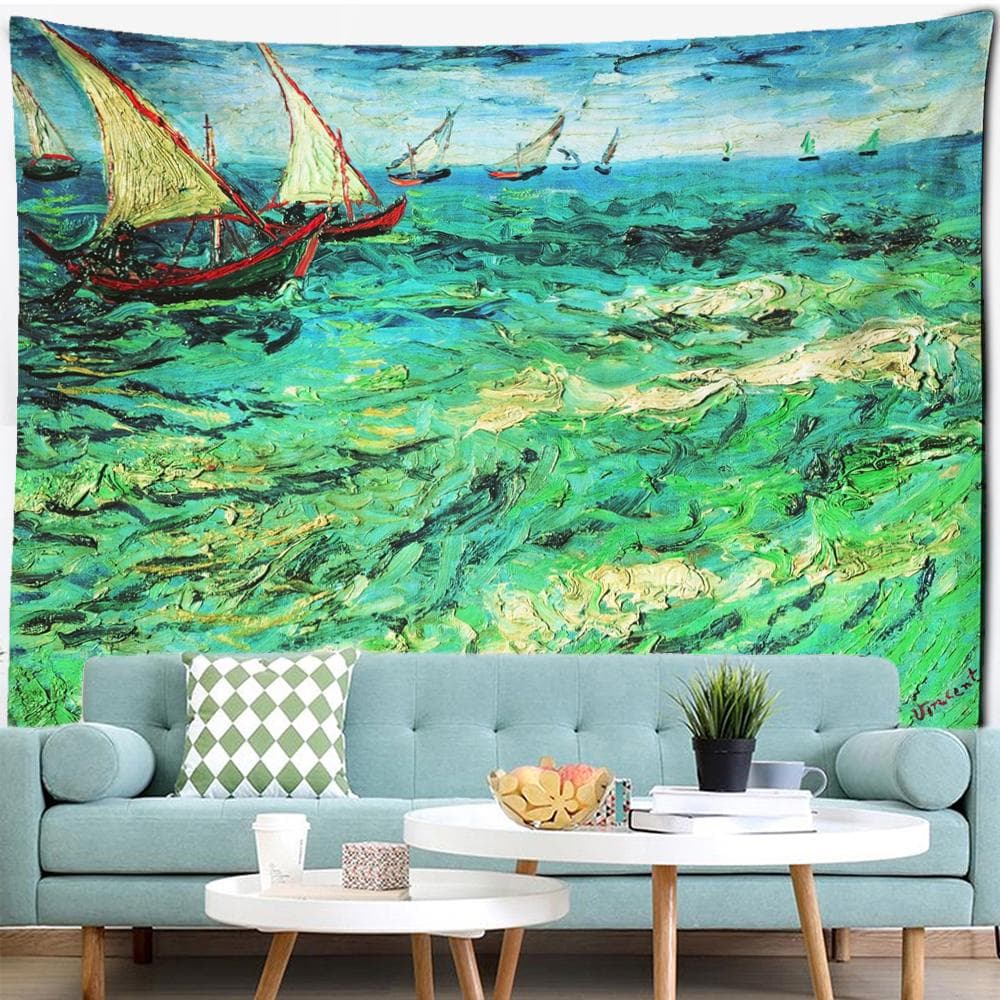 Sea Sailing Oil Painting Tapestry Wall Hanging Van Gogh Art Oil Painting Bohemian Bedroom Living Room Home Decor 95x70CM