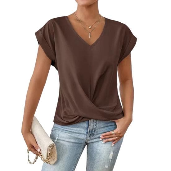 Women Tops V-Neck Short Sleeve Wrinkle Design Tee Shirt Solid Color Loose Fit Cross-Pleated Tops Daily Wear S coffee
