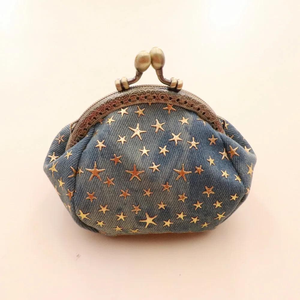 Practical Women Five-Pointed Star Coin Purse Denim Change Pouch Wallets Buckle with Clasp Holder Clutch Handbags blue