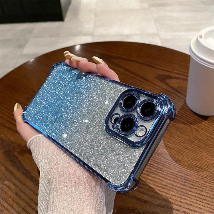 Applicable To Apple 16PRO Four Corner Anti-fall Electroplating Mobile Phone Case Iphone15/14 Flashing Powder Ring Bracket Protection Case Apple 16PROMAX blue
