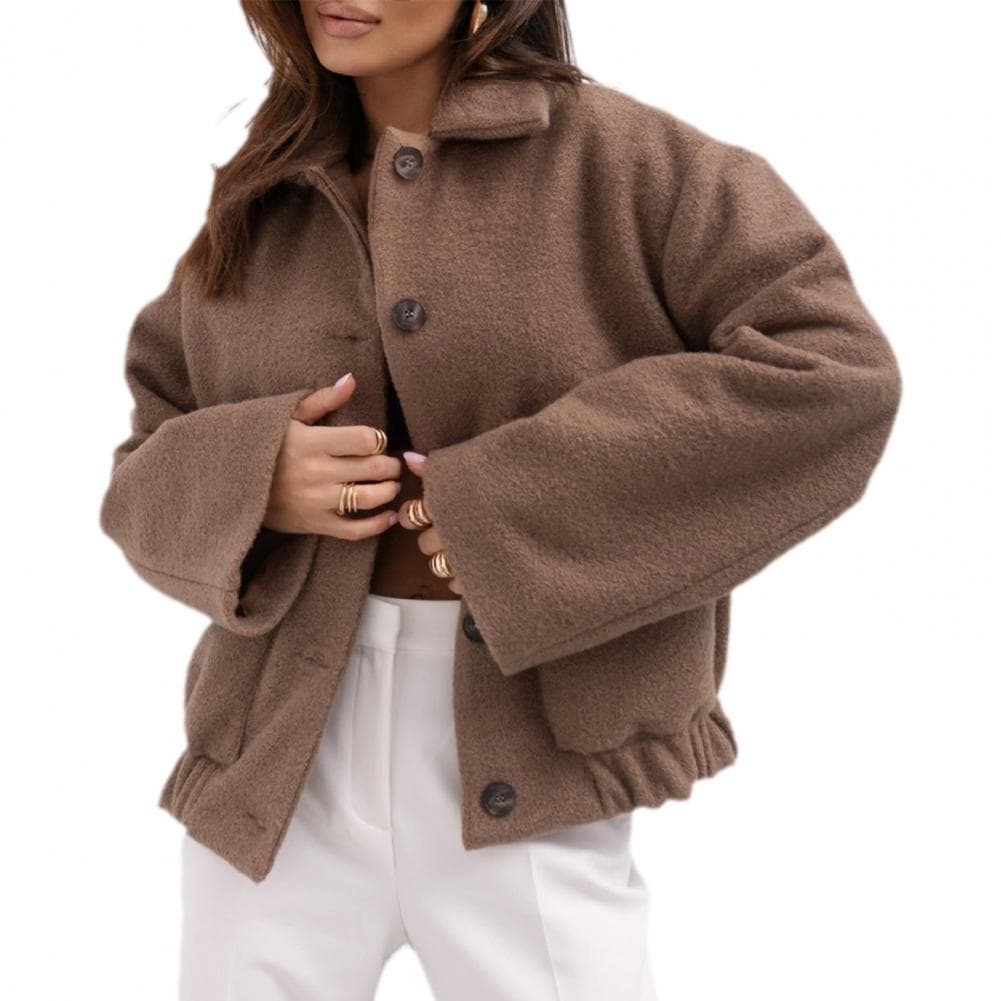 Women Woolen Jacket Turn-down Solid Color Single-breasted Coat Pleated Hem Thermal Long Sleeved Commuting Dating Spring Fall Win M coffee