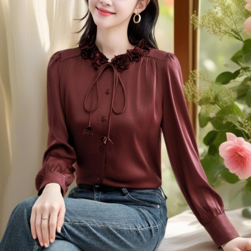 Fashionable Small Shirt Light Luxury High-end Satin Shirt Women's Korean New Lace-up Shirt Top S