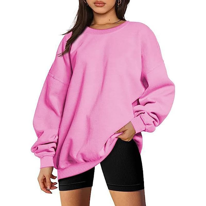Women and Men Round neck Pullover Sweatshirt Solid Color Oversized Loose Casual Fleece Sweatshirt M pink