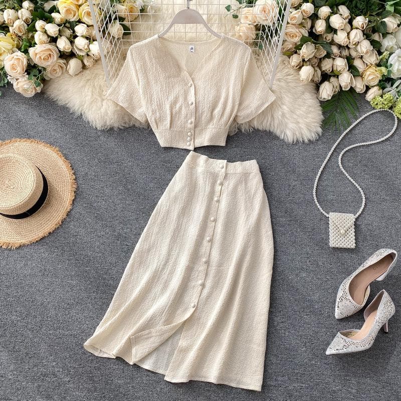 Solid Color Home Wear Women's V-neck Short-sleeved Pleated Blouse + High-waisted Slimming Single-breasted Skirt Pajamas One Size