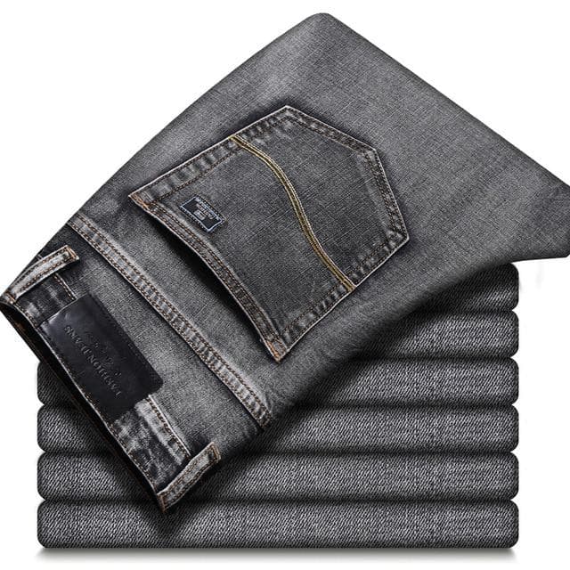 Classic Autumn Winter Men's Grey Business Jeans with Soft Stretch Denim Trousers from Male Brand in Black and Blue 34 gray