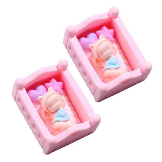 2Pcs Portable Baby Doll Crib Fade-resistant Fashion Micro Landscape Miniature Bed pink