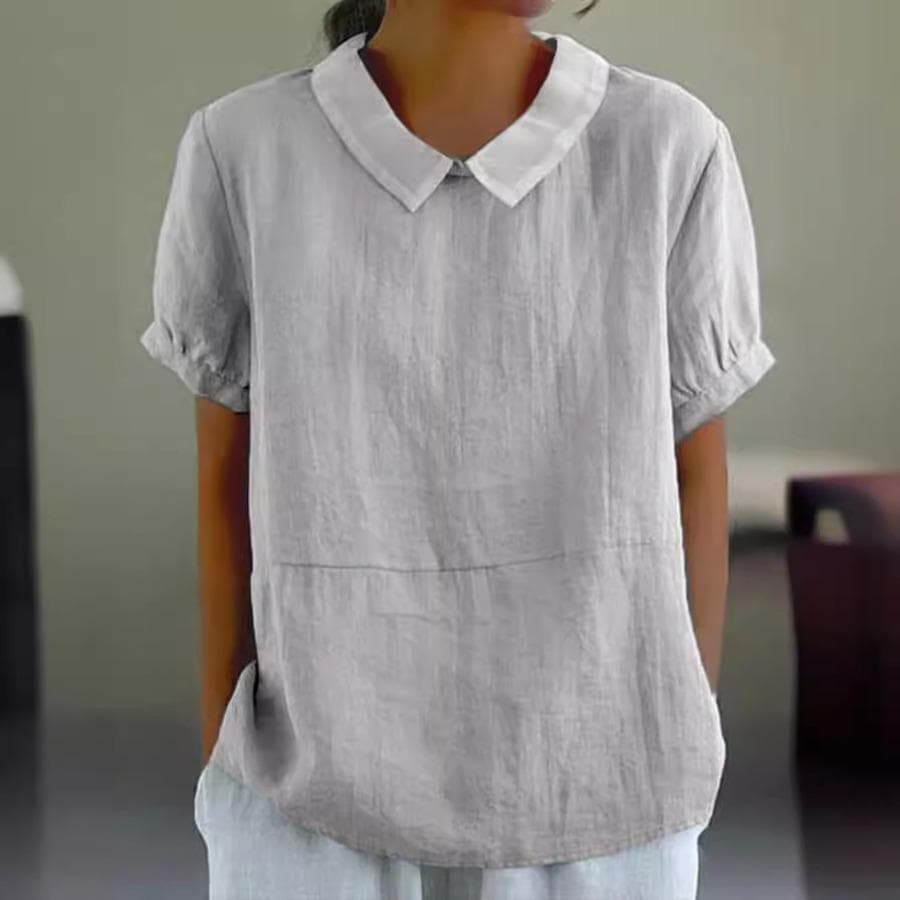 Womens Casual Peter Pan Collar Blouse Summer Loose Cotton Blouse Linen Tops Solid Color Short Sleeve Casual Ladies Breathable Shirt M grey