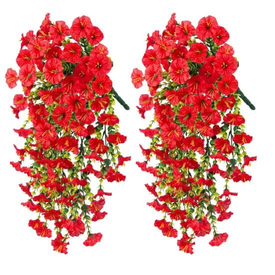 2 Pcs Artificial Hanging Petunia Flowers UV Resistant Faux Flowers Reusable Simulated Petunias for Outdoors Festive Wedding Party Decorations