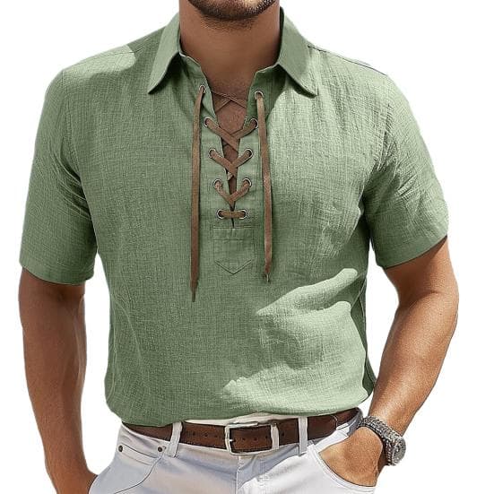 Men's Lace-up V-neck Tee Short Sleeve Lapel T-shirt Solid Color Summer Casual Top XL army green