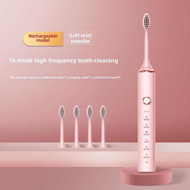 Electric Toothbrush Adult 18-speed Metal Shaft Soft Hair USB Charging Sonic Student Couple Toothbrush 18 gears [4 brush heads] pink
