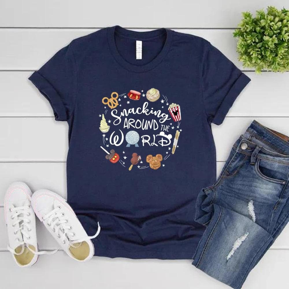 Snacking Around The World T-Shirt Epcot T Shirt Women T-shirt Short Sleeve Graphic T Shirts Matching Shirts Casual Tops Tees XXXL navy blue