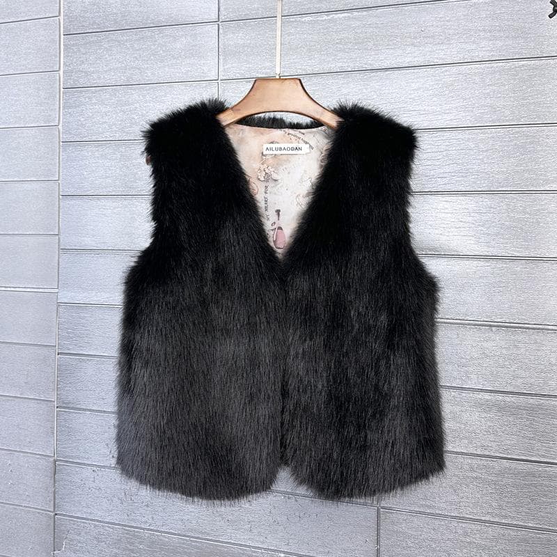 Women'S Faux Fur Vest Short Sleeveless Warm Winter Furry Cardigan Jacket Vest Temperament Versatile Candy Color Open Front Vest L black