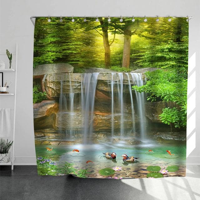 Rural Landscape Creek Stone Lotus Buddha Shower Curtain Bathroom Curtain Fabric Waterproof Polyester Bathroom Curtain with Hooks 150*180cm