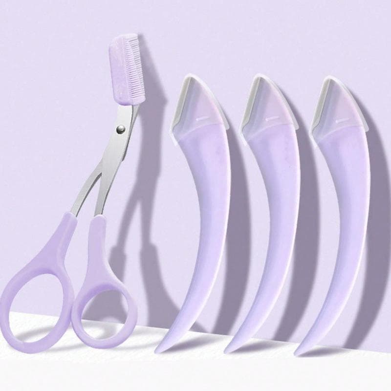 4Pcs/set Stainless Steel Eyebrow Trimmer Scissors With Comb, Beauty Tools, Unisex, Eyebrow Scissors Makeup Tool purple