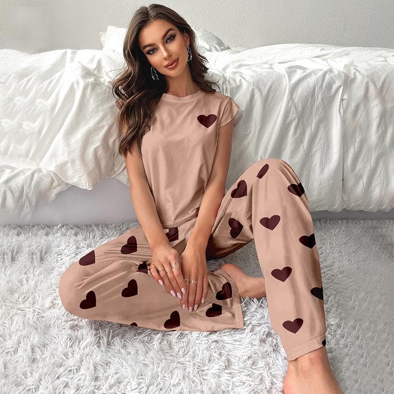 New Women's Home Clothes with Love Print, Small Flying Sleeves, Trousers and Pajamas That Can Be Worn Outside XL