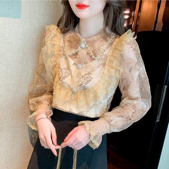 New Winter Style French Puff Sleeve Chiffon Shirt Women's Design Niche Doll Collar Lace Chic Top XL