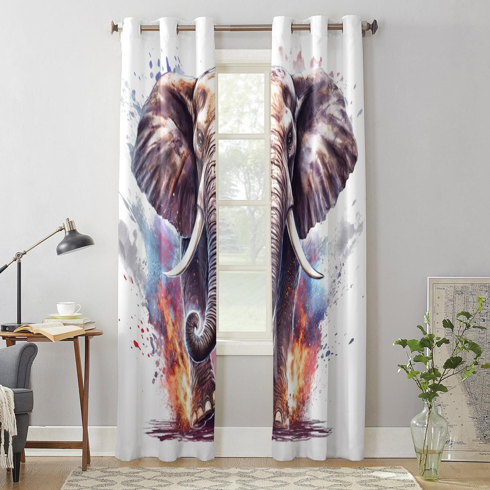 Elephant Animal Watercolor Curtains for Bedroom Living Room Window Curtain Treatments Blinds Kitchen Home Decor Drapes 135W x 60H(cm) x1