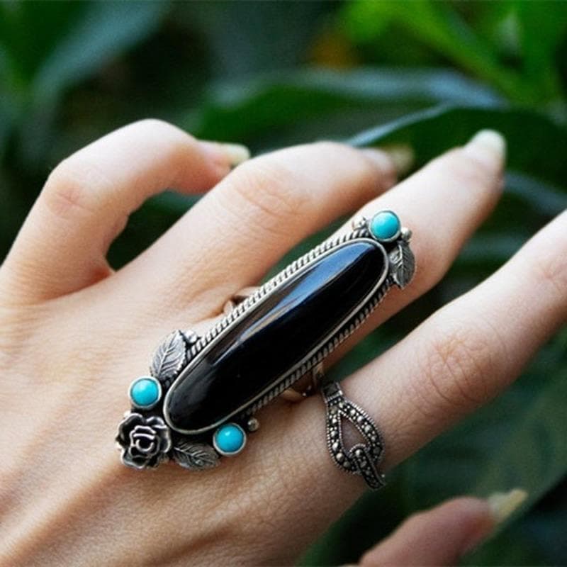 Boho Blue Black Stones Ring Silver Color Rings for Women Statement Ring Floral Ring Party Jewelry 8