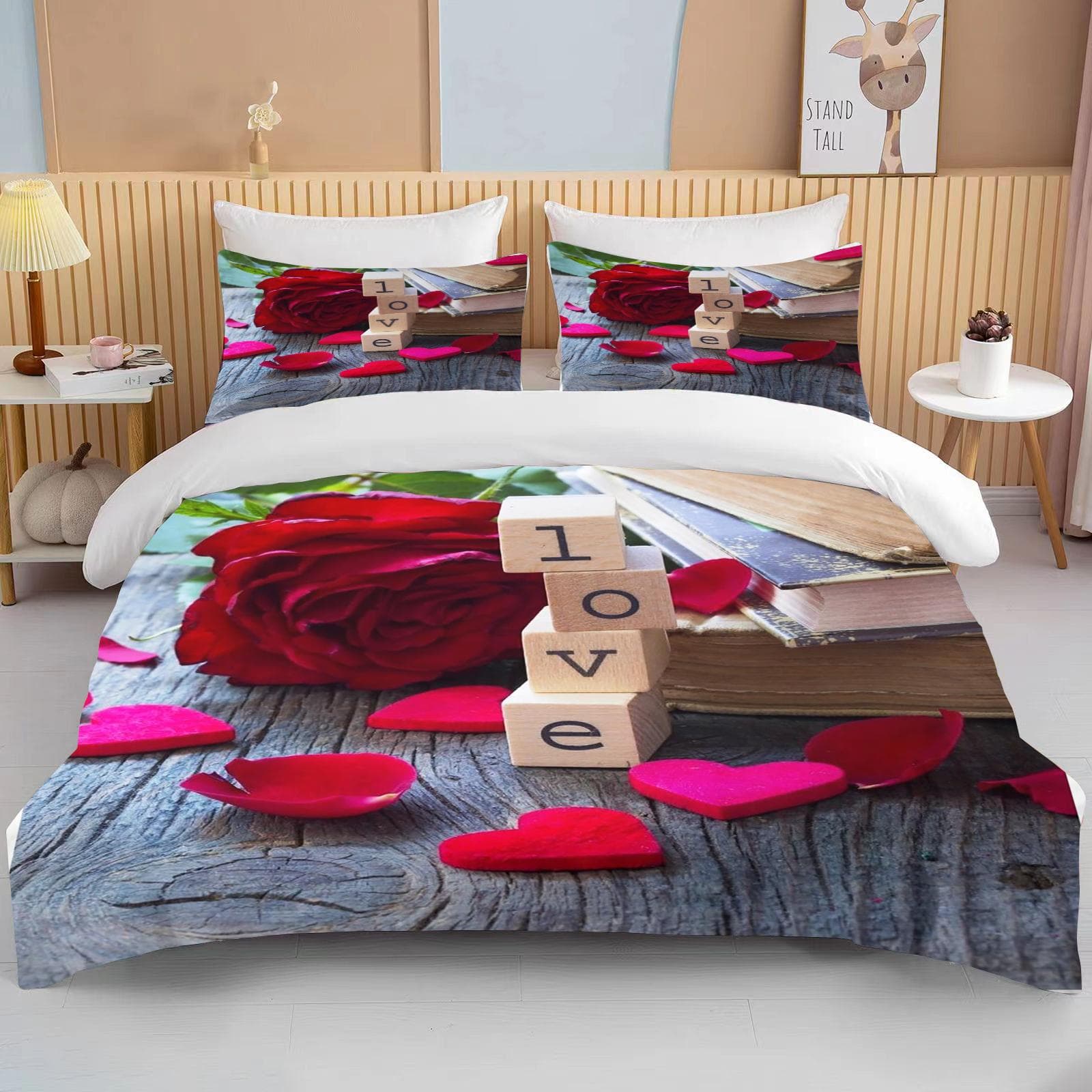 Love Heart Valentine's Day Red Pink Rose Flower 3D Bedding Set Duvet Cover Comforter Bed Linen For Couple Twin Queen King EU single(135x200cm)