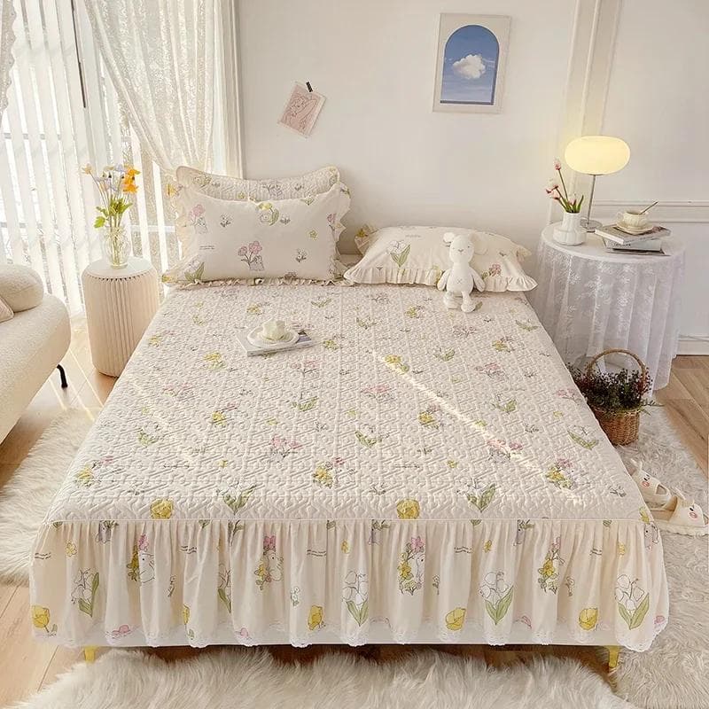 1pc Pure Cotton Thicken Quilted Mattress Cover with Skirt Queen/King Bed Sheet Skirt Elastic Band 200x220cm (No Pillowcase) 120x200x45cm 1pc