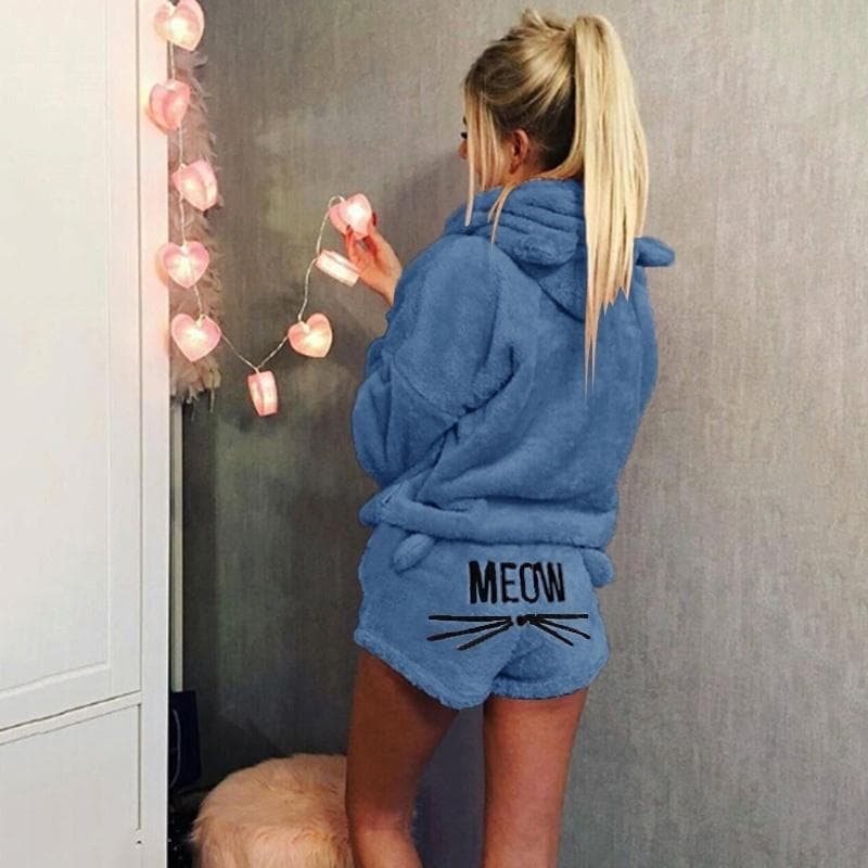 Pajamas Set Sleepwear Suits for Women Long Sleeve Velvet Hooded Sweatshirt and Shorts Fashion Homewear Suits S navy blue