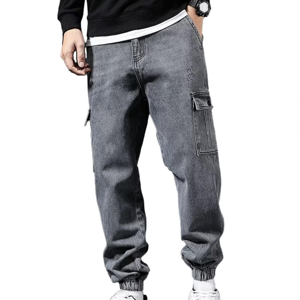 Men Cargo Pants Loose Solid Color Multi Pockets Ankle-banded Elastic Mid Waist Retro Soft Breathable Streetwear Plus Size Men Tr XXL grey