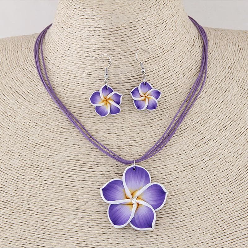 Women's sweet Plumeria Flowers Jewelry Sets Polymer Clay Fimo Earrings  Pendant Necklace purple