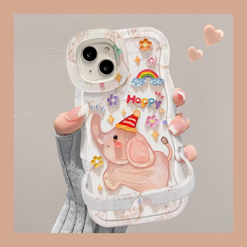 Applicable To Apple 15promax Transparent Mobile Phone Case IPhone 14pm Oil Painting Elephant 13 Double Bracket 11 Cute 16 Redmi K40/K40 Pro