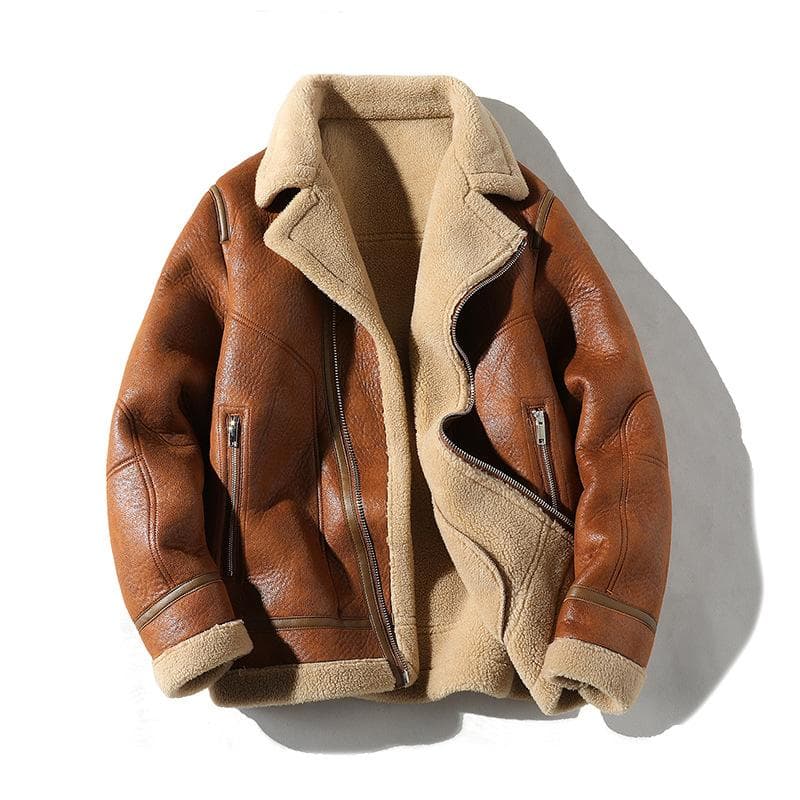 Winter Men's Fur One Padded Thickened Lapel Large Size Leather Coat Jacket M camel