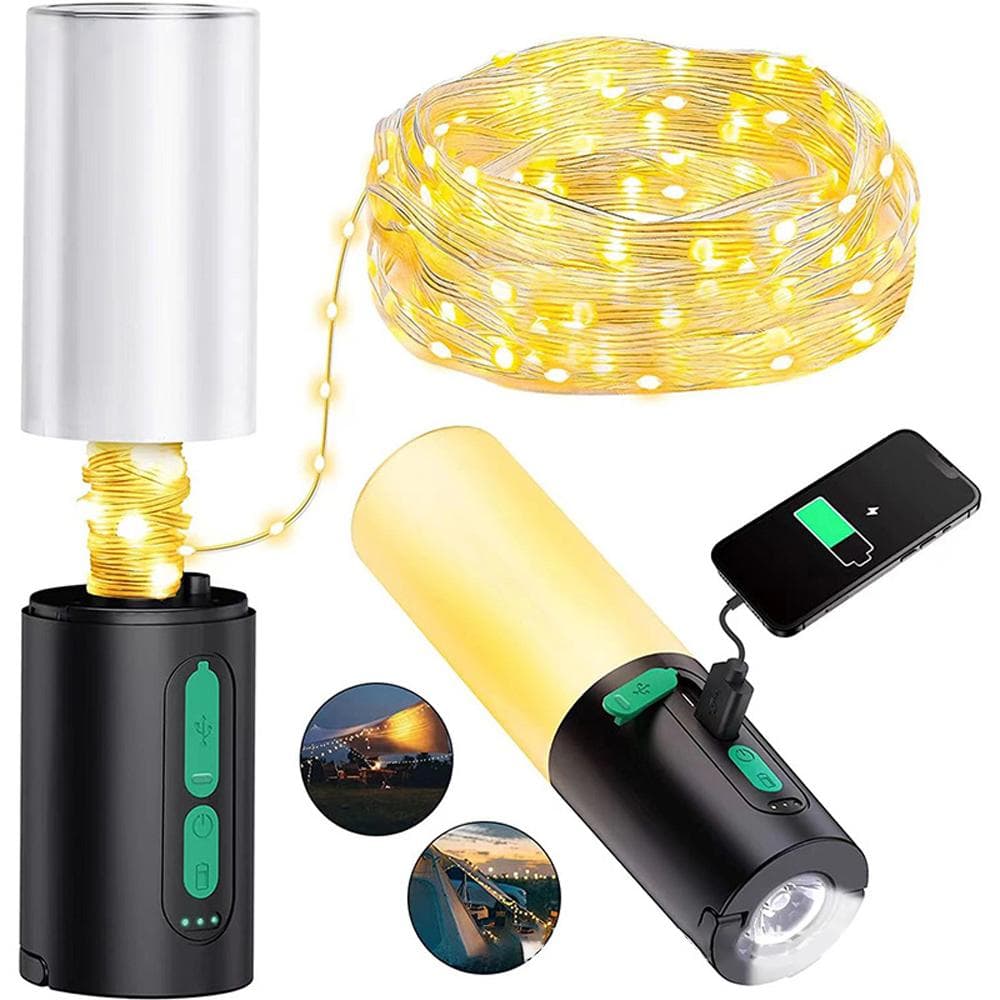 4 in 1 Camping Lantern with 33Ft String Lights 1000 Lumen Flashlight Rechargeable 4000mAh Charger white/black