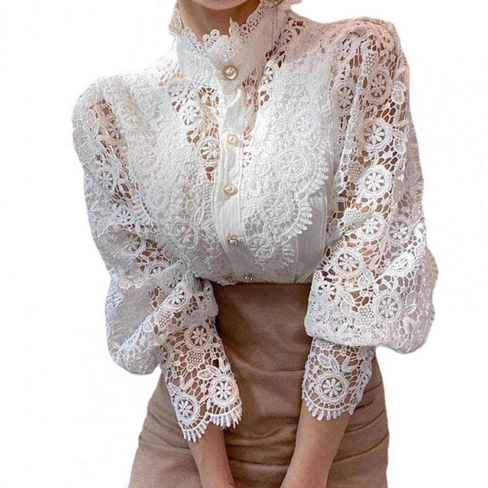 Women Shirt Stand Collar Lantern Long Sleeve Single Breasted Shirt Tops Hollow Embroidery Lace Solid Color Tops M white
