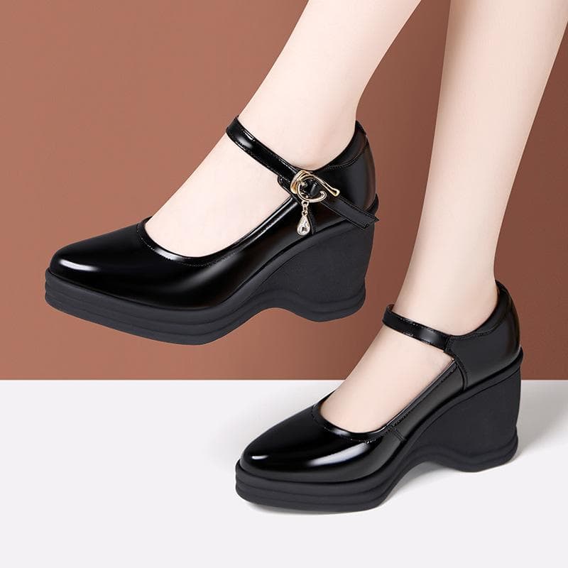 Waterproof Platform Wedge Heels Women's Soft Leather Thick-soled High-heel Anti-slip Shoes 38 black