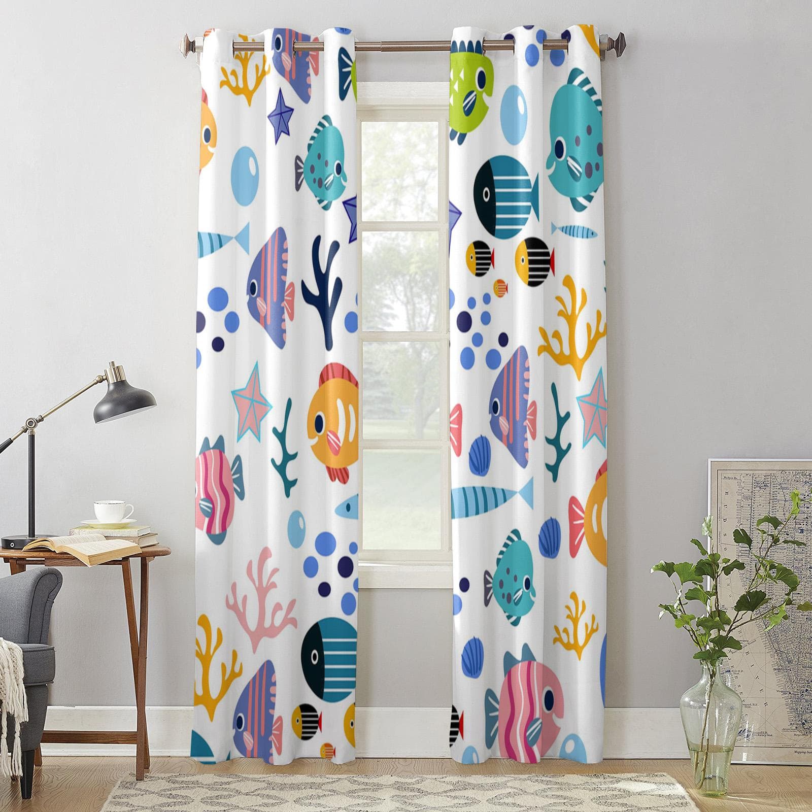 Cartoon Animals Fish Coral Shells Window Curtains for Living Room Bedroom Curtain Modern Kitchen Blinds Drapes Curtains 135W x 60H(cm) x1