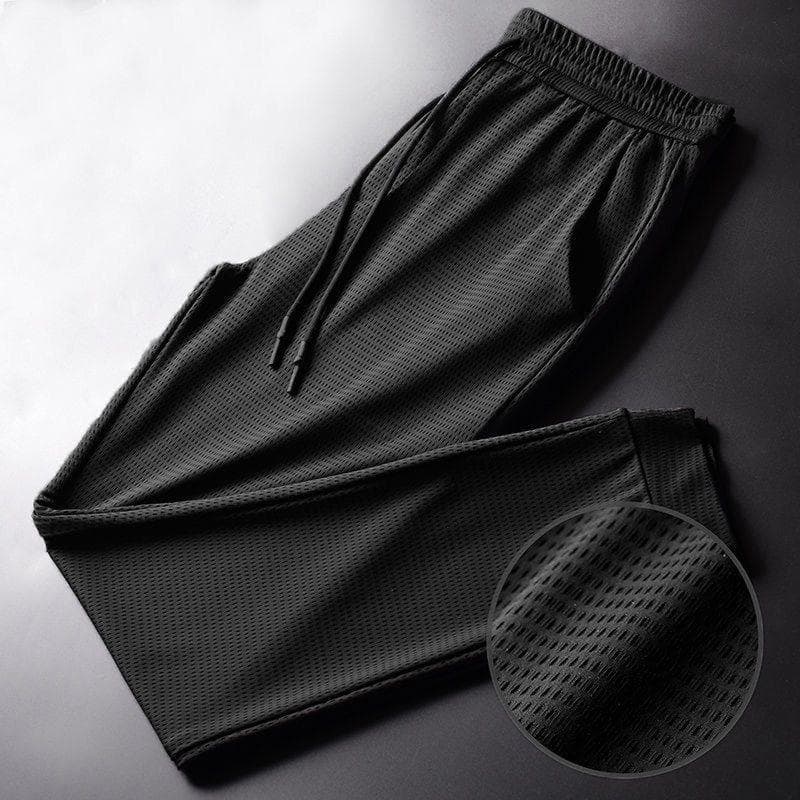 Men's Summer Ice Silk Pants Mesh Breathable Casual Thin Quick Dry Pants Loose Elastic Beam Feet Pants Sports Fitness Pants 3XL black