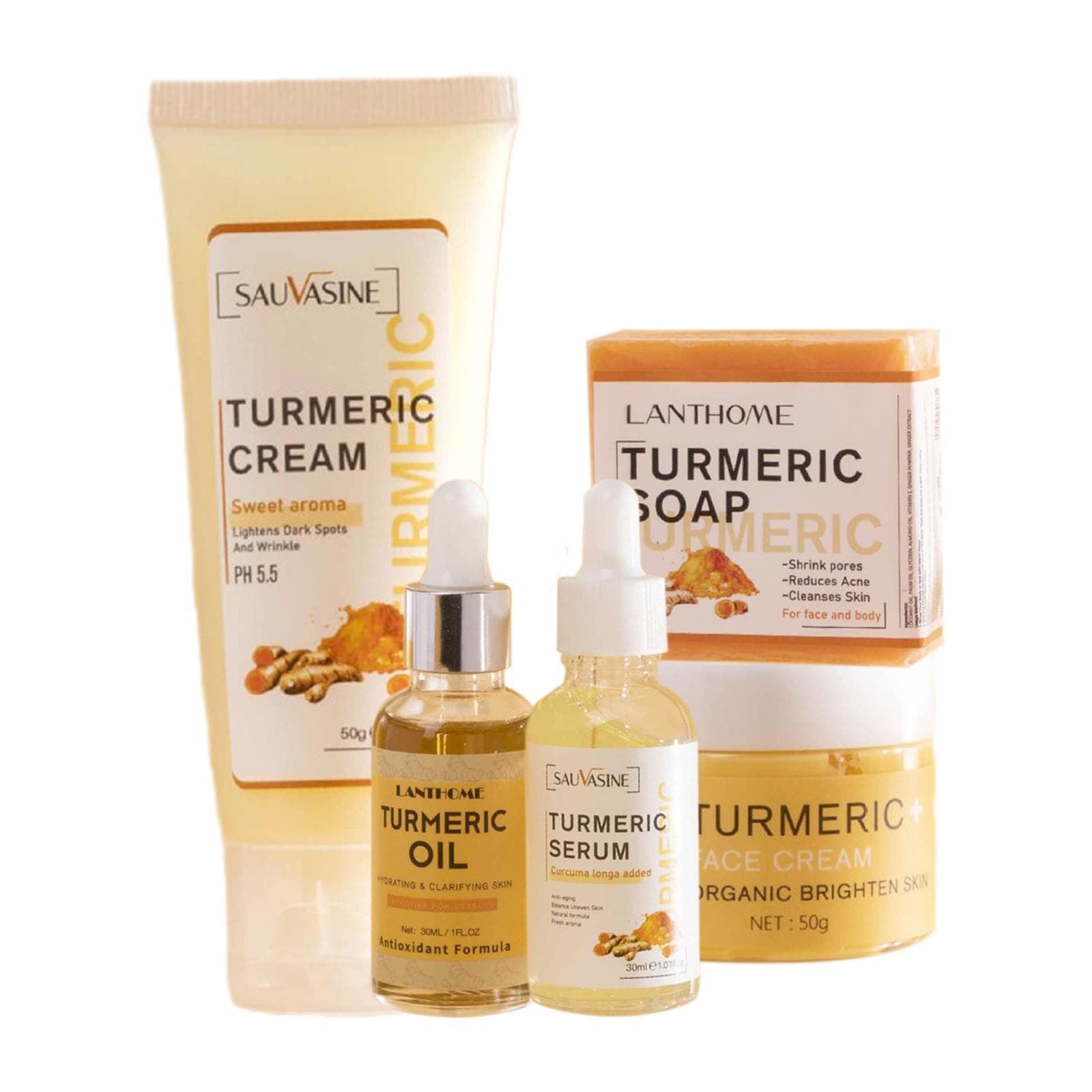 5Pcs Turmeric Face Care Set Turmeric Cleansing Cream, Soap Cream, Face Whitening Serum, Oil, Se T0Y6 yellow-5pcs
