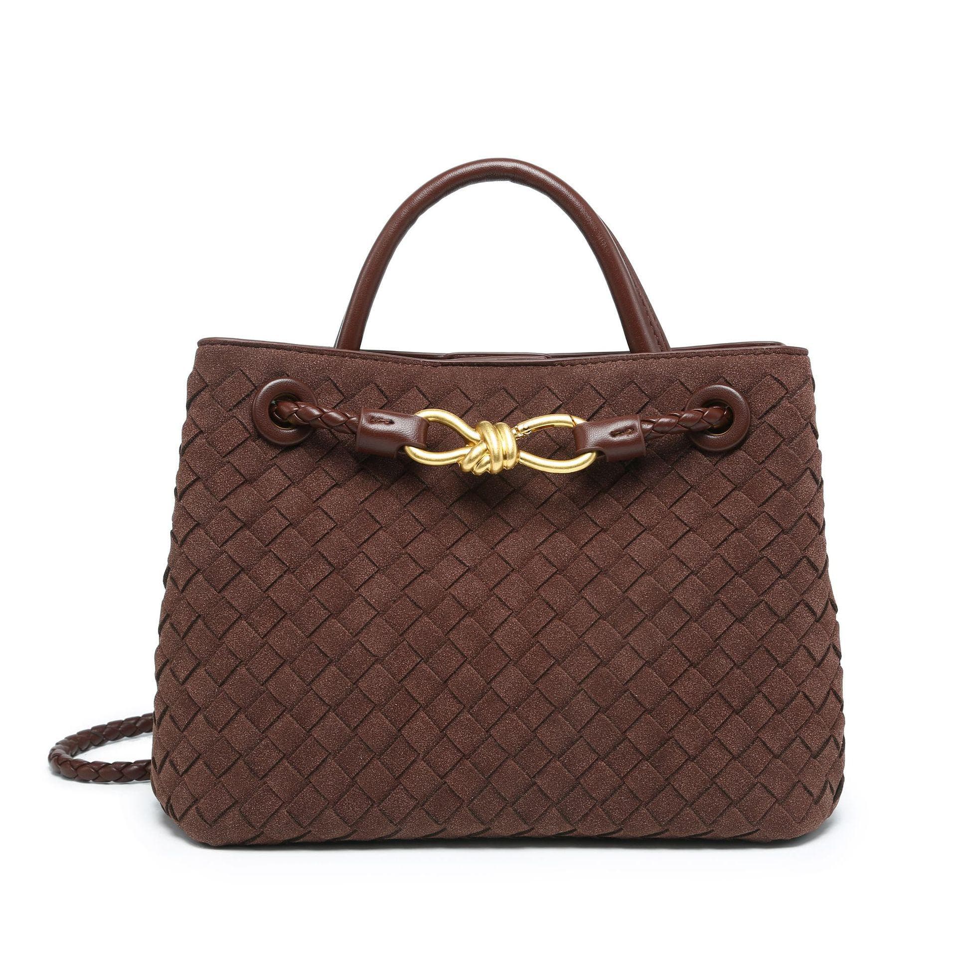 2024 Autumn/Winter Frosted Woven Crossbody Tote with Metal Butterfly Buckle coffee