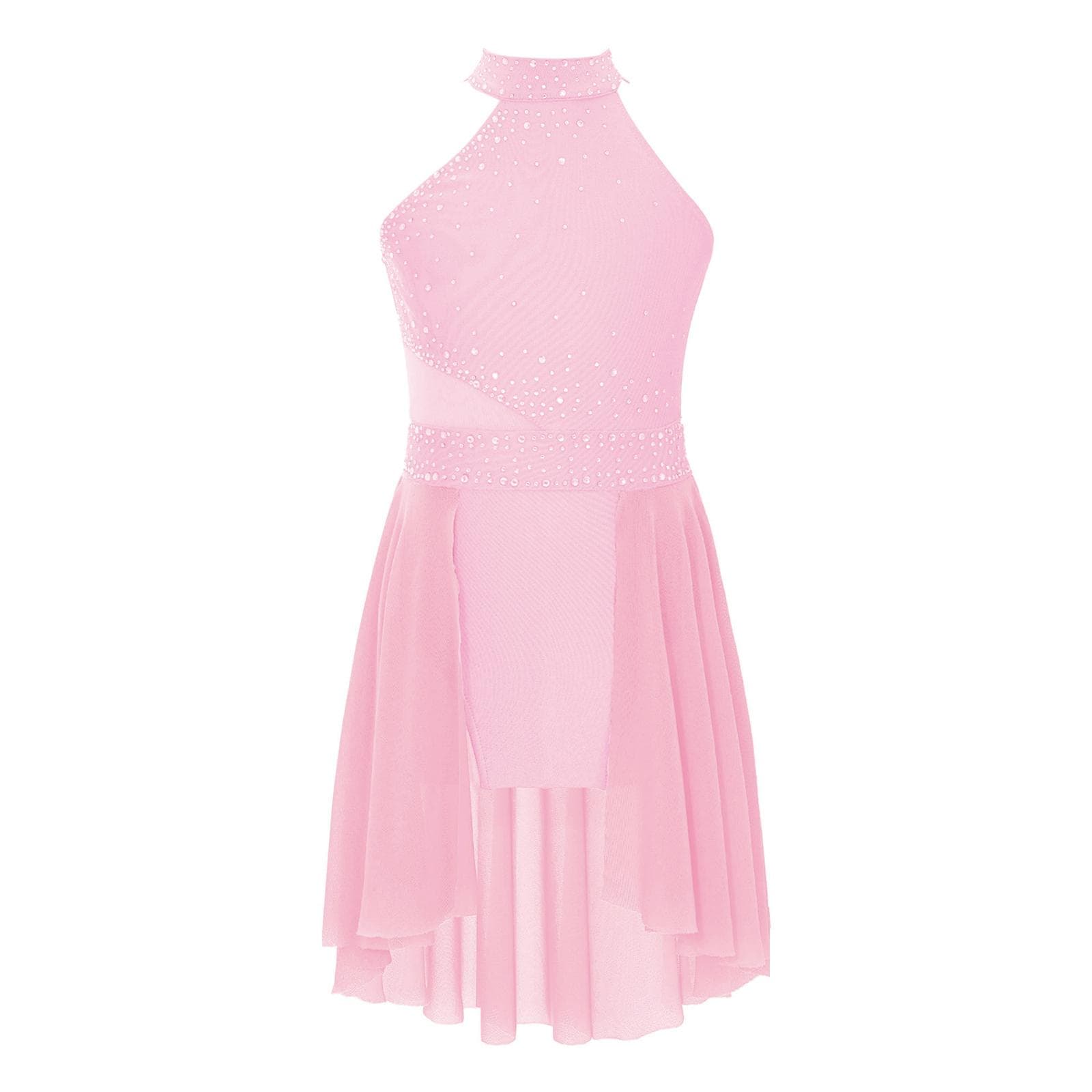 Girls Glittery Rhinestones Leotard Dress Irregular Hem Sleeveless Lyrical Dance Performance Costume 11-12 Years pink