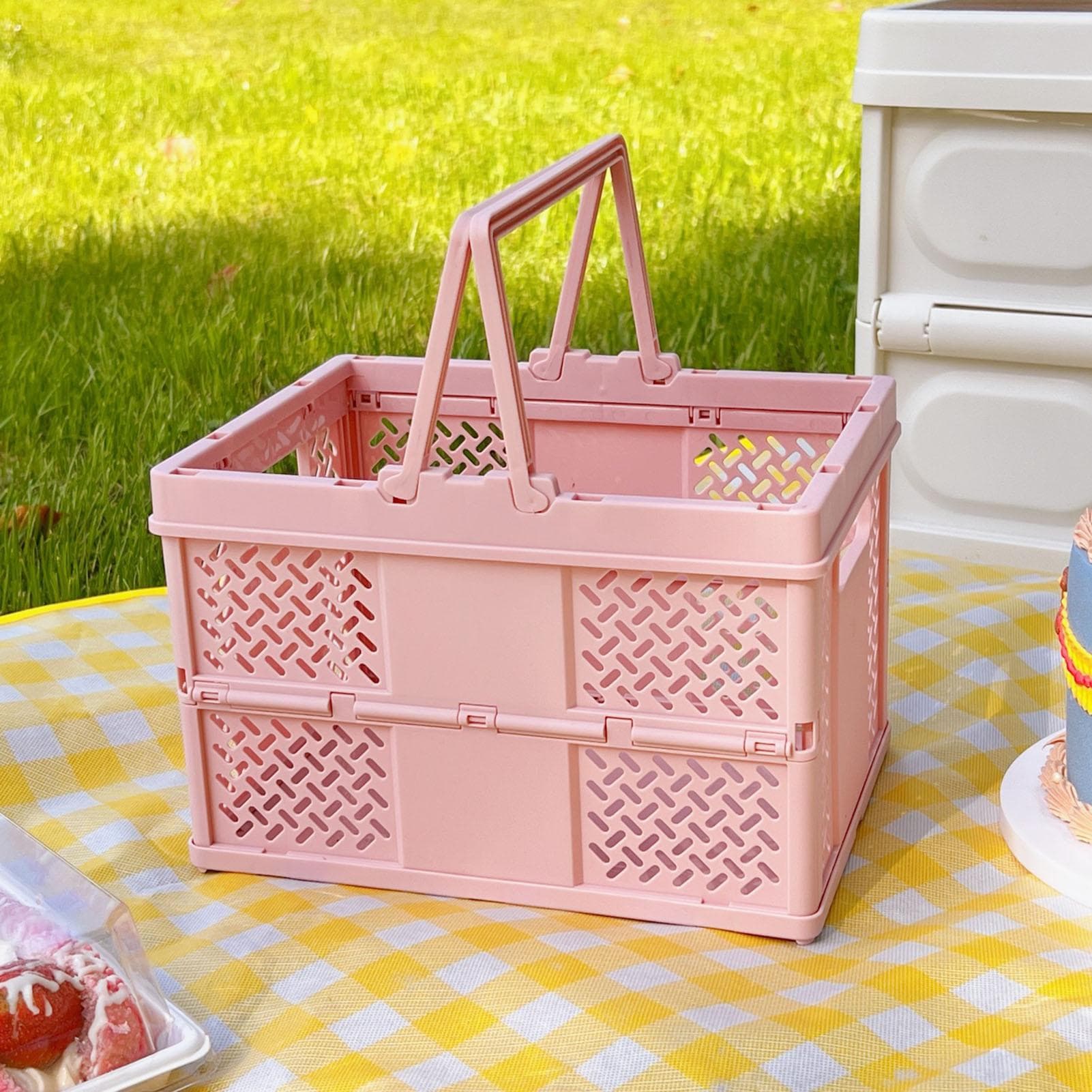 Folding Picnic Basket Stackable Storage Box Plastic Grocery Shopping Basket with Handles for