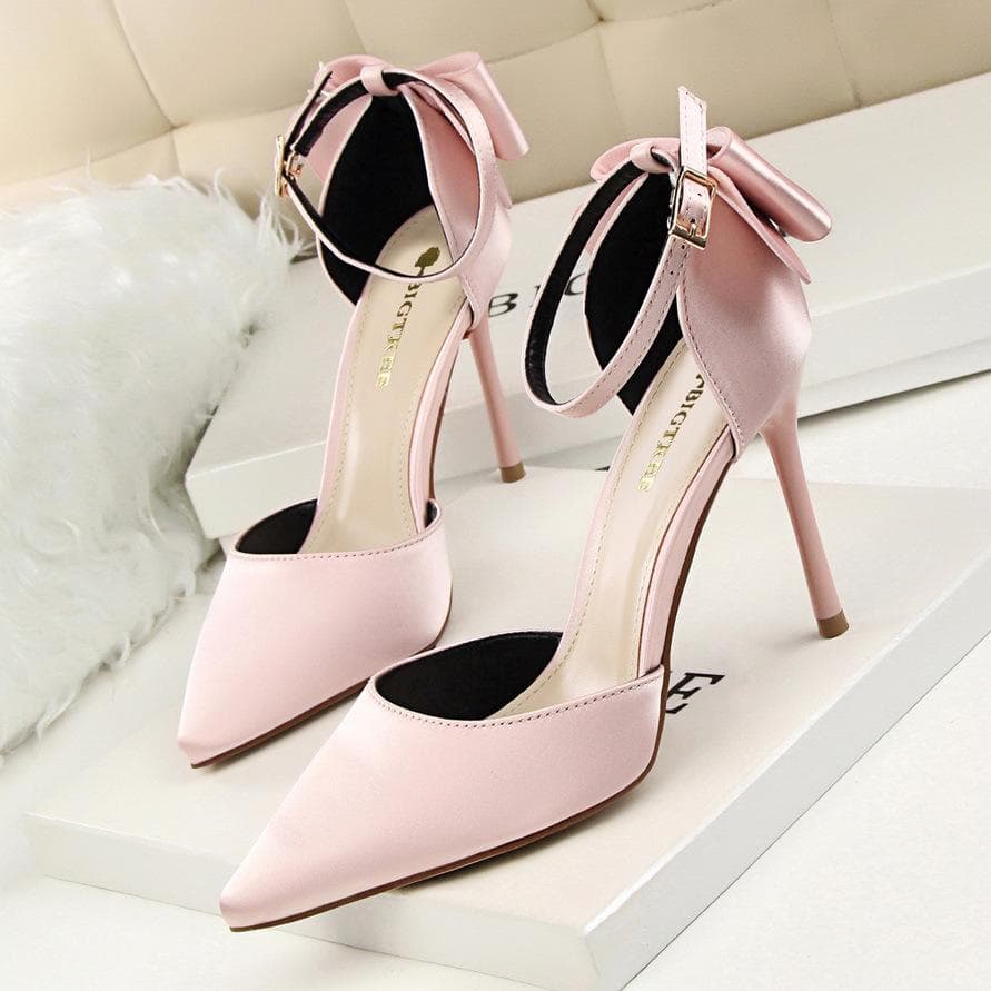 BIGTREE Sweet Lady Thin Heel 10cm High Heel Shallow Mouth Pointed Sandal with Bow Tie 41 pink