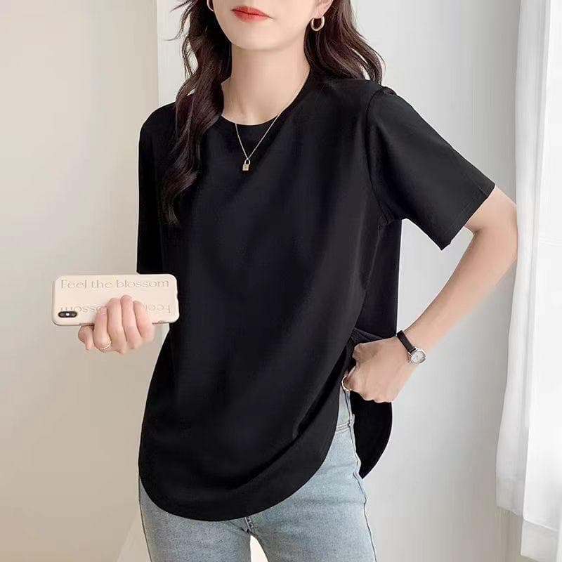 Loose Round Neck Pure Cotton Shoulder Short-sleeved T-shirt for Women's Summer New Curved Hem Mid-length Top XXL