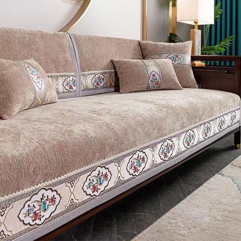 Magpie Embroidered Sofa Cover Solid Color Chinese Style Sofa Backrest Cushion Chenille Non-slip Living Room Protective Cover 70x70cm 1pcs