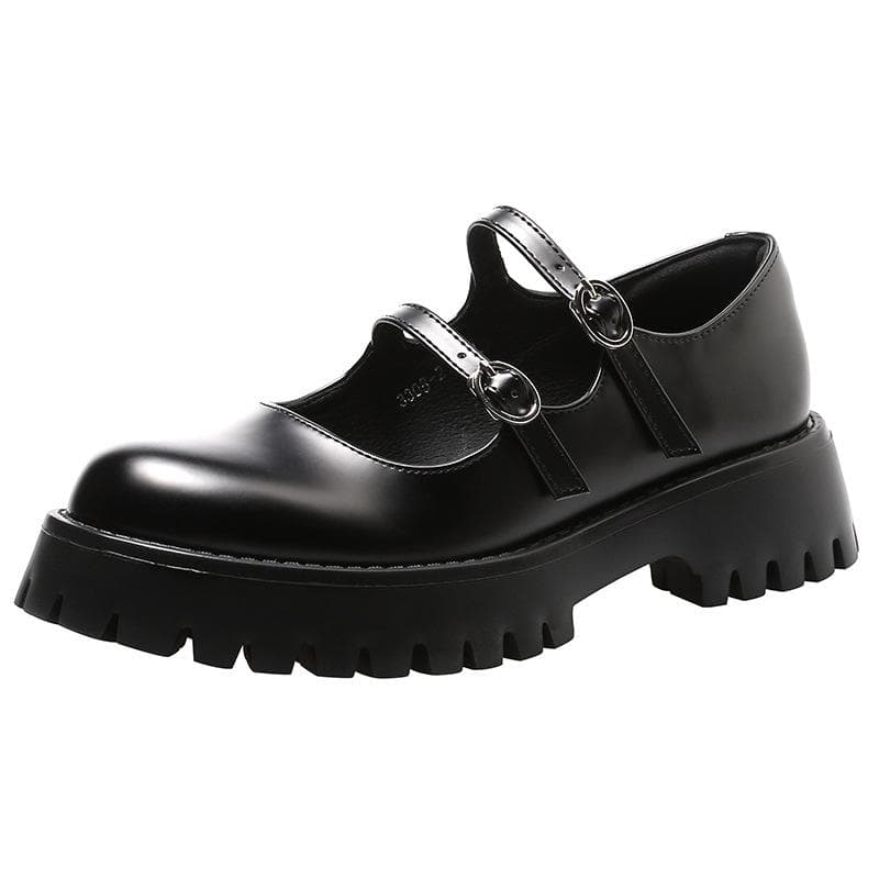 Mary Jane Shoes Women's Thick-soled Heightened Platform Shoes Retro Small Leather Shoes One-word Buckle Thick-heeled College Round-toed Single Shoes 40