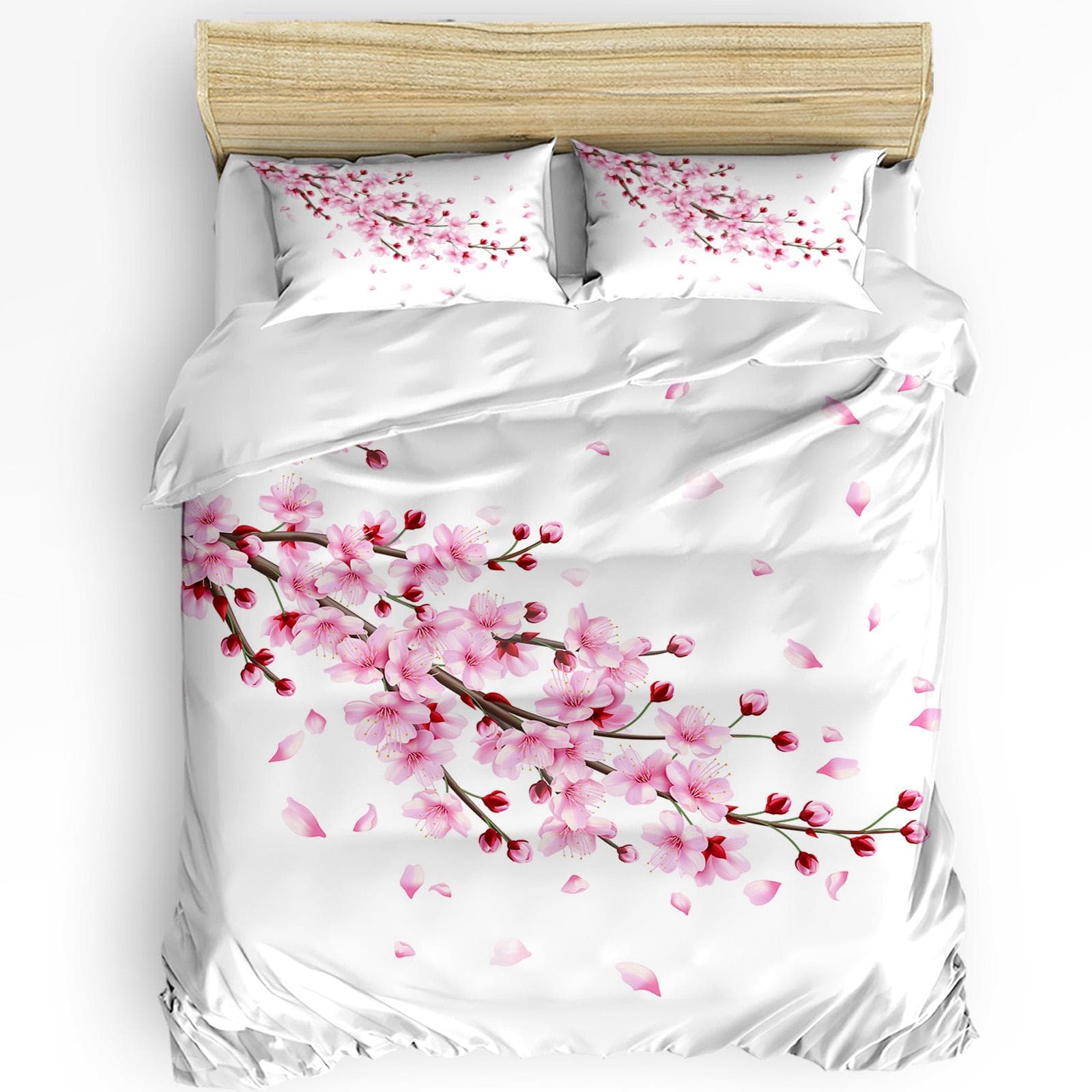 Japanese Style Sakura Cherry Blossom Pink Flower 3pcs Bedding Set For Double Bed Home Textile Duvet Cover Quilt Cover Pillowcase AU Single(140x210cm)