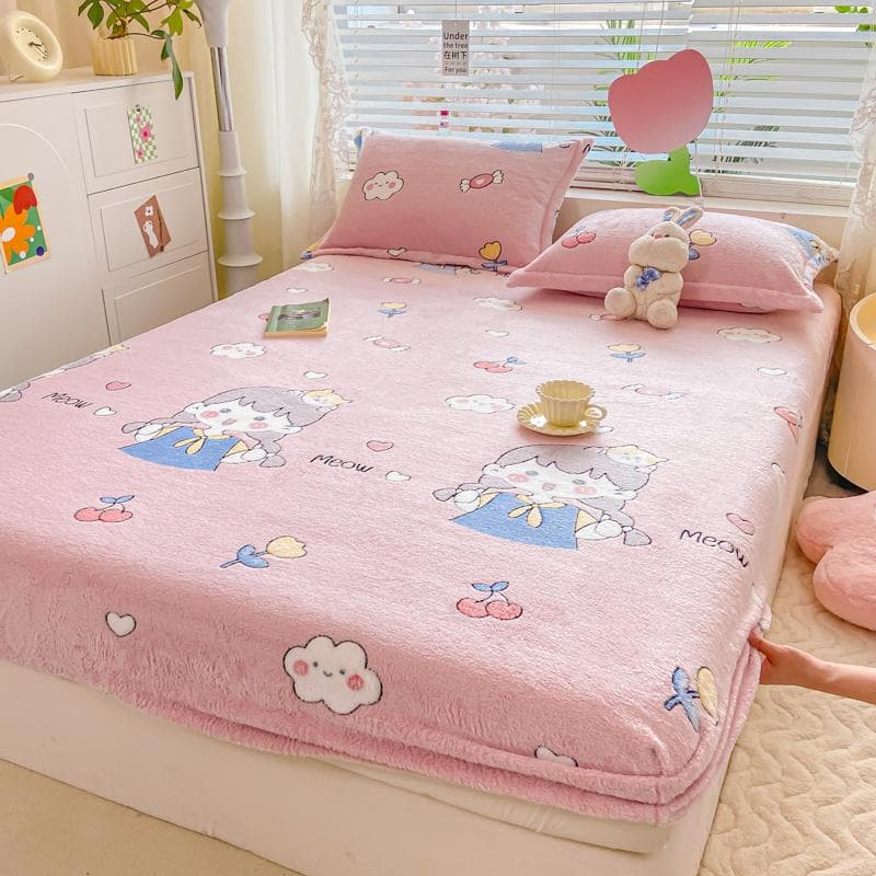 Winter Warm Bed Sheet for Doube Bed Cartoon Style Flannel Fleece Mattress Cover Single/Queen/King Bed Fitted Sheet with Elastic 90x200x25cm 1pc