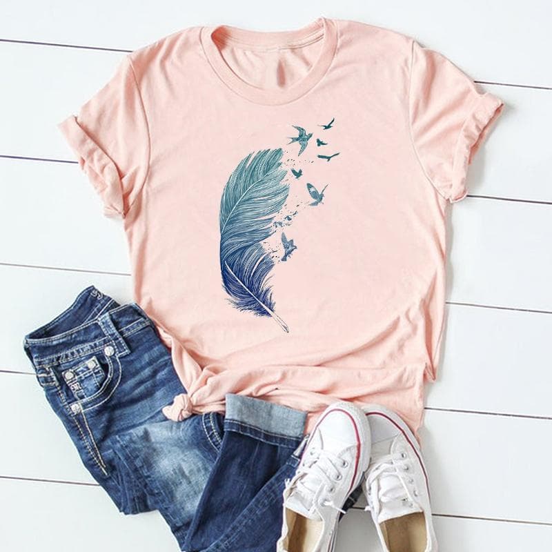 (Asian Size) Watercolor Feather Vintage Bird Women Print Short Sleeve Tee Top Fashion Tshirt Clothing Casual Summer Lady Female Graphic T-shirt XXL