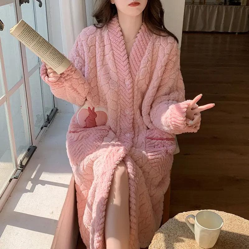 Nightgown Woman's New Fall/winter Coral Velvet and Velvet Thick Warm Bathrobe In The Long Sweet Nightgown Can Be Worn Outside M